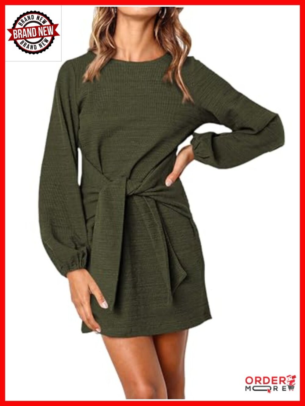 Crewneck Long Sleeve Mini Dress Lantern Sleeve Tie Waist